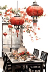 Traditional Chinese new year dinner table with red lanterns and cherry blossom. Asian festive meal setting. Lunar celebration concept. Spring festival decoration