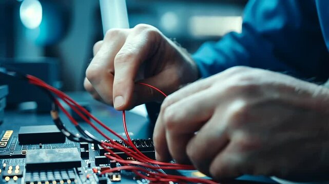 Close-up of a technician&rsquo;s hands working on vehicle electronic wiring, carefully connecting diagnostic tools to the onboard computer system.