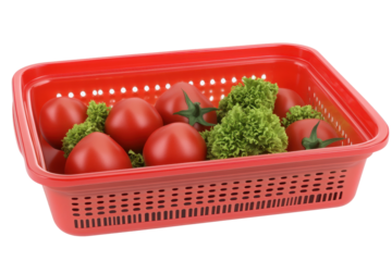 Fresh red tomatoes and green lettuce in a red basket