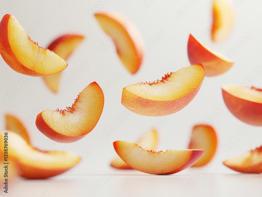 Aufkleber sliced peach segments floating in a bright studio setting showcasing vibrant colors and a clean aest