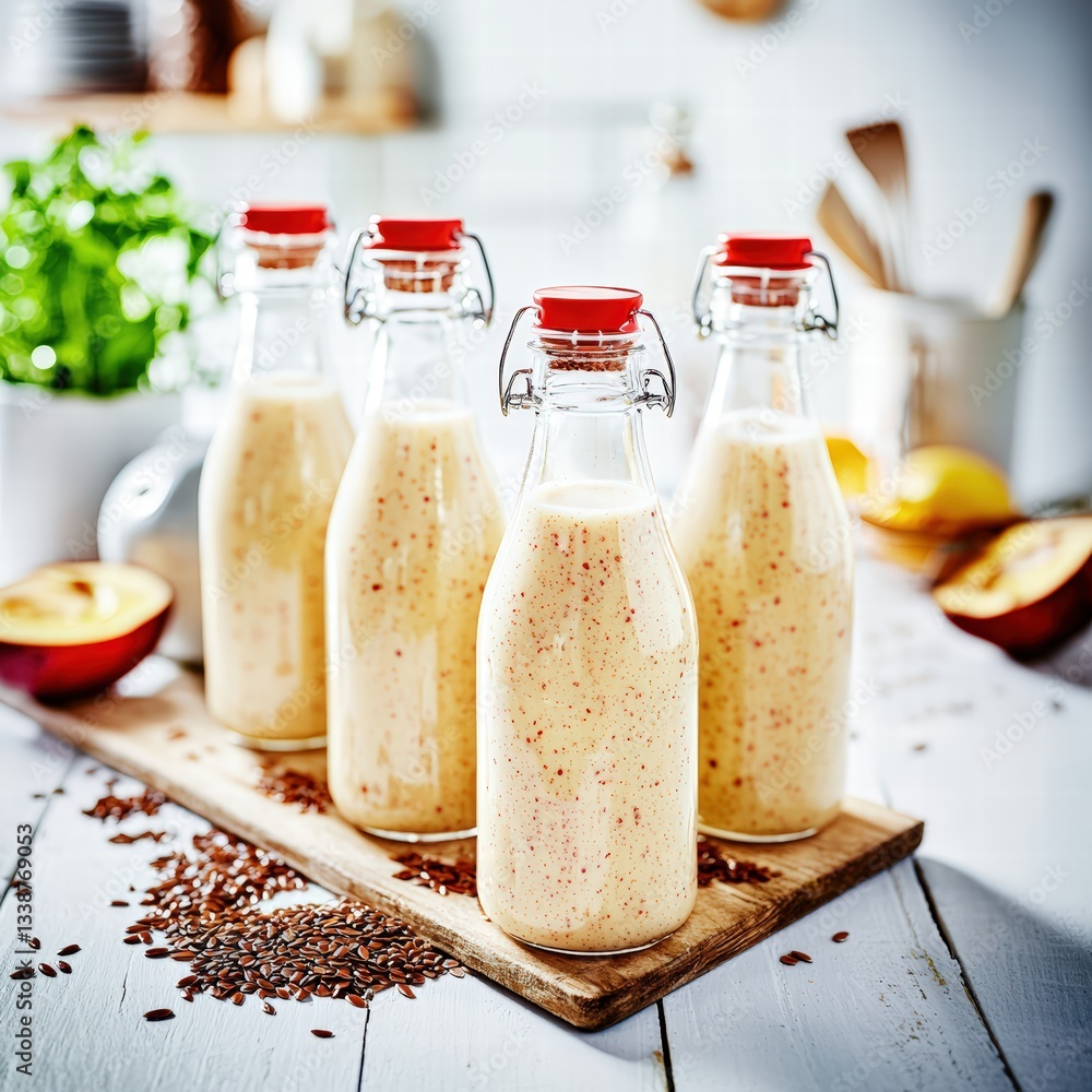 Aufkleber well-organized table displaying three clear bottles of milk with a bright background setting