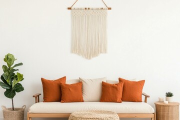 Cozy living room interior with a minimalist design, featuring a beige sofa adorned with orange cushions, a macram wall hanging, and greenery for a warm ambiance