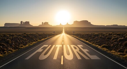 "Future" Text on a Highway Leading to a Sunset: Digital Art