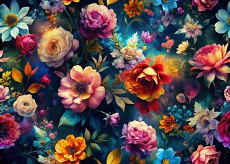 Fototapeta premium Stylish Floral Silhouettes Double Exposure Pattern - Elegant Botanical Design for Fashion & Textile