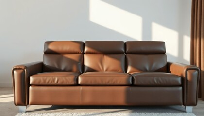 Brown Leather Sofa in Bright Room with Sunlight and White Wall