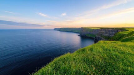 Seaside cliffs landscapes concept. Breathtaking coastal view with cliffs and vibrant greenery under a clear blue sky.