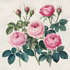 Watercolor Botanical Illustration of Pink Roses – Floral Art with Rose Buds, Green Leaves, and Branches on a White Background