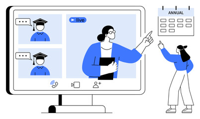 Teacher interacts with students during virtual class, featuring a screen, chat bubbles, calendar. Ideal for education, webinar, teamwork, e-learning training communication remote learning. Flat