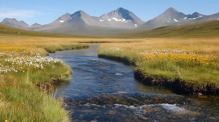 Fototapeta premium Calm water stream cutting through blooming meadow leading eyes towards majestic mountains under bright daylight.