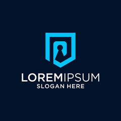 Blue Security Logo Shield with Keyhole on Dark Background