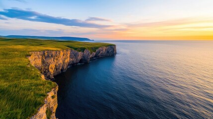 Seaside cliffs landscapes concept. A breathtaking view of cliffs meeting the serene ocean at sunset under a colorful sky.