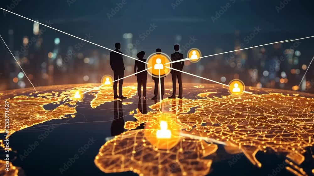 Poster A digital representation of global business networking. Silhouetted figures stand in front of a glowing world map, symbolizing innovative technology and connectivity in modern enterprises.