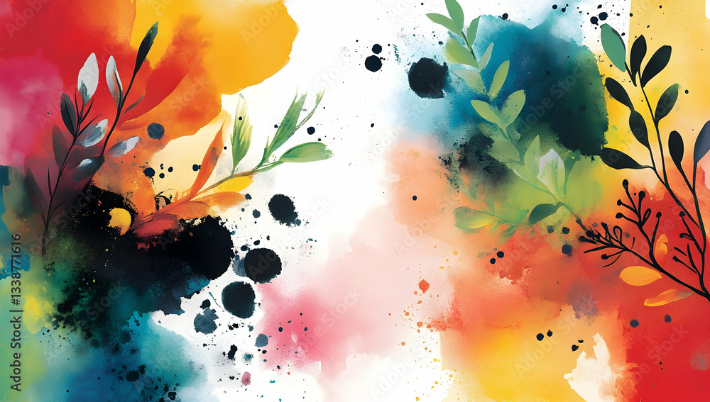 Poster a vibrant watercolor background with abstract shapes and floral elements, creating an enchanting atm