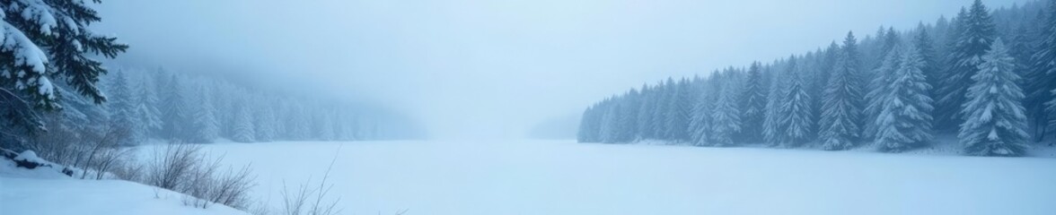 Obraz premium Dense fog surrounds the snow-covered forest and frozen lake, cold air, alpine landscape, forest