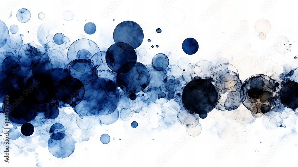 Poster blue circles of various sizes and shades float and overlap across a white background, creating an ab