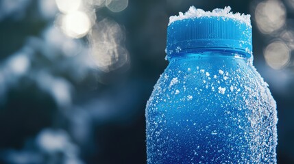 A sports drink bottle covered in frost, showing extreme coldness