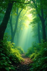 Obraz premium Dense foliage obscures sunlight filtering through, earthy, green, misty