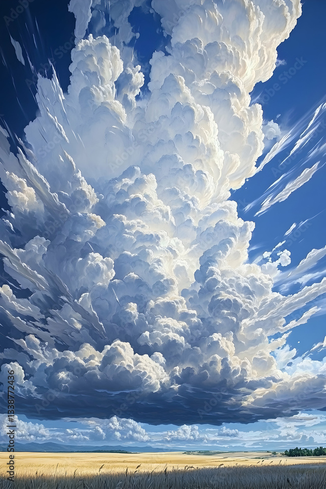 Poster a large cloud formation in the sky over an open field, with clouds forming into multiple layers.