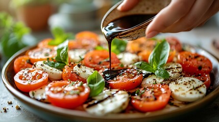 Fresh tomato salad being drizzled with a dark balsamic vinaigrette
