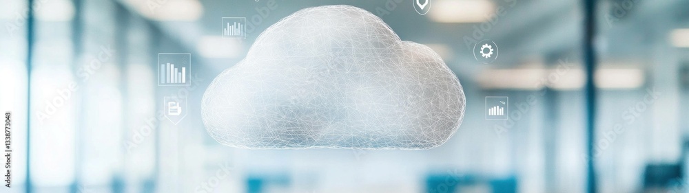 Poster modern cloud computing concept with a stylized cloud icon and digital graphs in a bright office envi