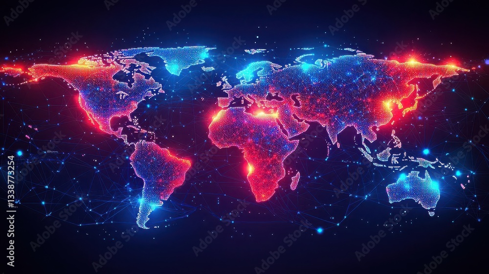 Poster a vibrant digital world map showcasing interconnected nodes and glowing lines representing global co