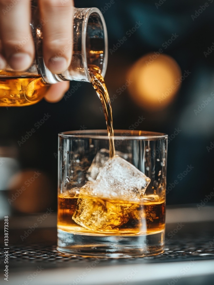 Poster pouring golden whiskey into glass with ice cubes creating a refreshing splash in a dark moody backgr