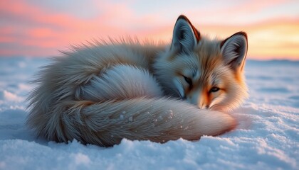 A tranquil red fox curled up in the snow at dawn.