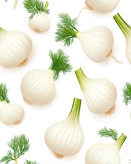 A seamless pattern featu vibrant, realistic illustrations of whole fennel bulbs and sprigs of fresh dill against a clean white background, ideal for culinary or botanical