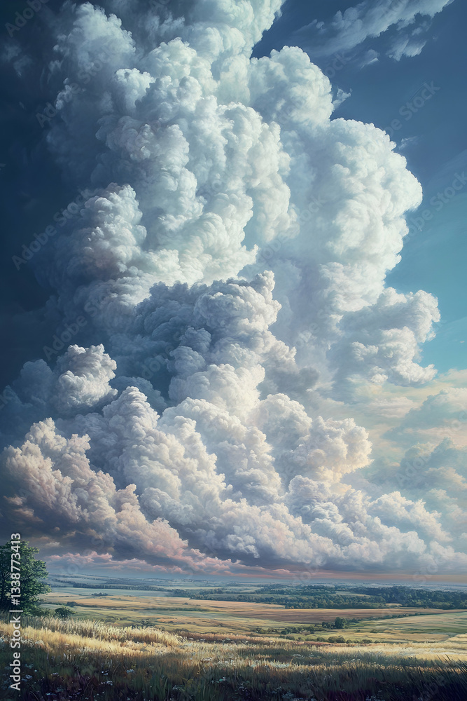 Poster a large cloud formation in the sky over an open field, with clouds forming into multiple layers.