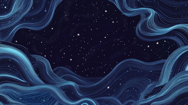 Elegant space-themed artwork featuring dynamic wavy lines and a starry night sky. This high-quality composition is great for creative projects, astronomy themes, and stylish cosmic designs with deep 