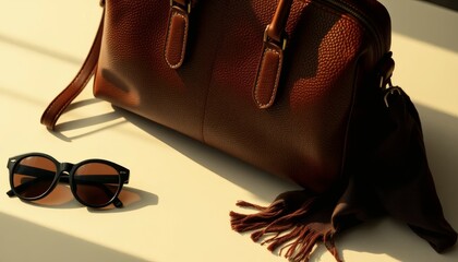 Leather Handbag Sunglasses and Brown Scarf on a Beige Surface in Sunlight