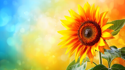 Obraz premium Sunflower's Radiance: A vibrant sunflower, its golden petals ablaze, stands as a beacon of warmth against a dreamy, colorful backdrop.