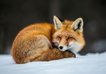 Fototapeta premium Red fox curled up in snow wildlife nature