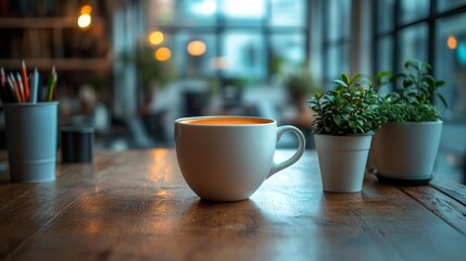 Coffee Cup Surrounded by Office Supplies and Technology in a Modern Office Setting. Generative AI