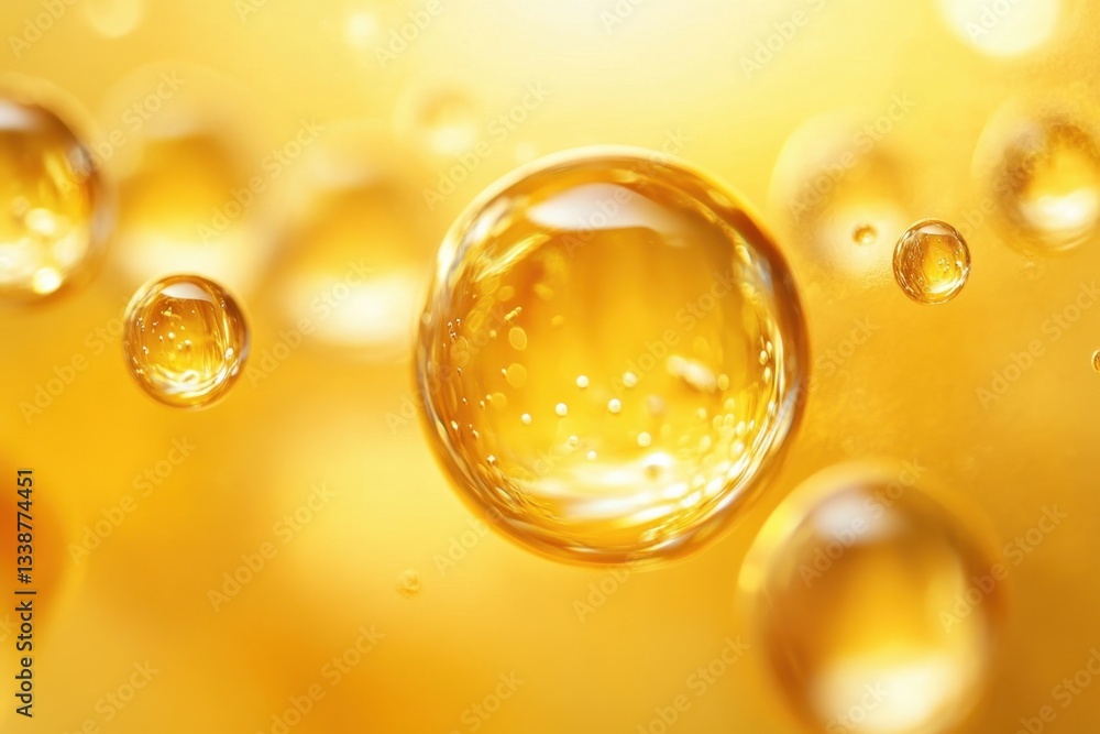 Poster golden bubbles floating in a warm light abstract liquid background with macro detail and focus on cl