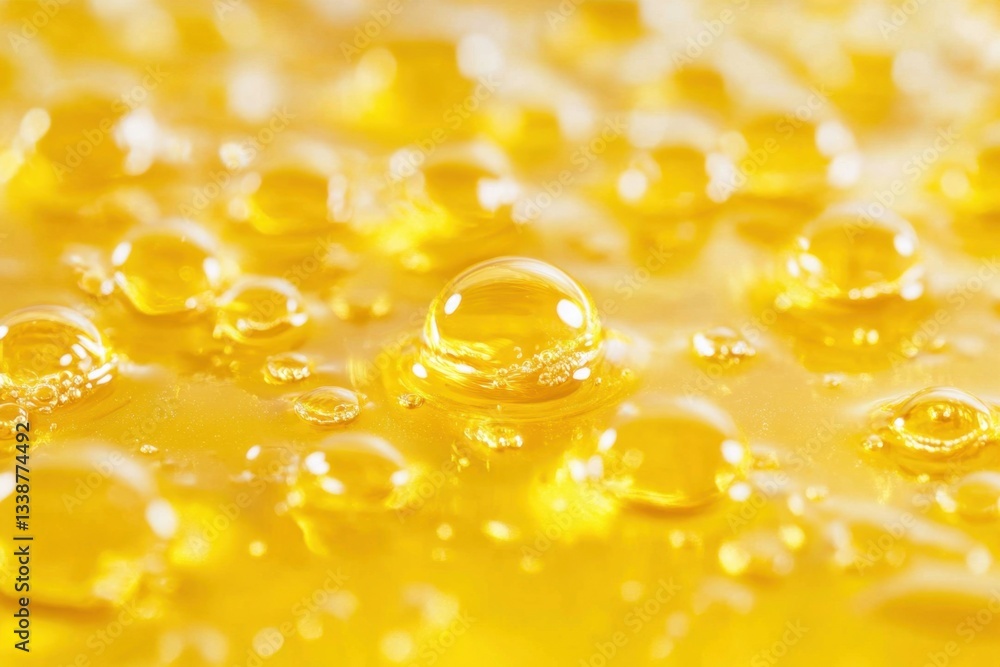 Poster golden liquid surface with glistening droplets creating a captivating macro shot and bright backgrou