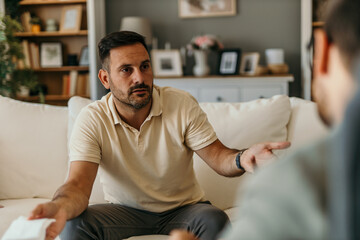 Worried man talking with psychologist during therapy session on sofa