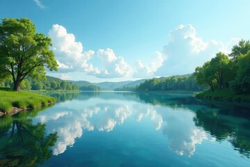 Gentle breeze blowing across a peaceful lake with puffy clouds, water, landscape, calmness