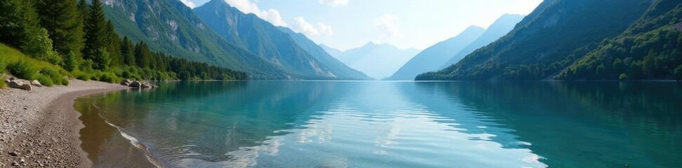 Gentle lapping of water against the shore of a serene mountain lake, serene, mountain