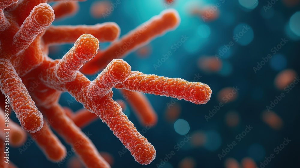 Aufkleber microscopic view of a vibrant orange virus cell with detailed surface texture and a blurred teal bac