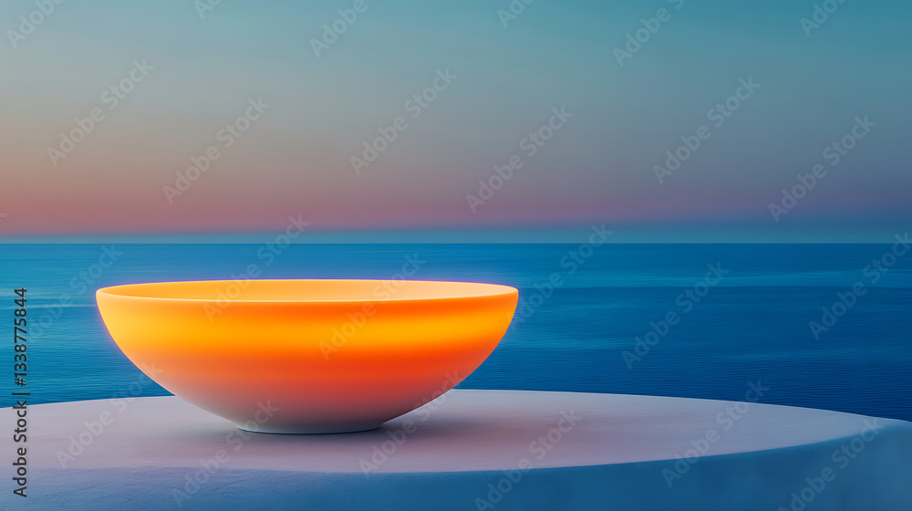 Poster a serene bowl glows softly against a tranquil ocean backdrop at sunset, creating a calming atmospher