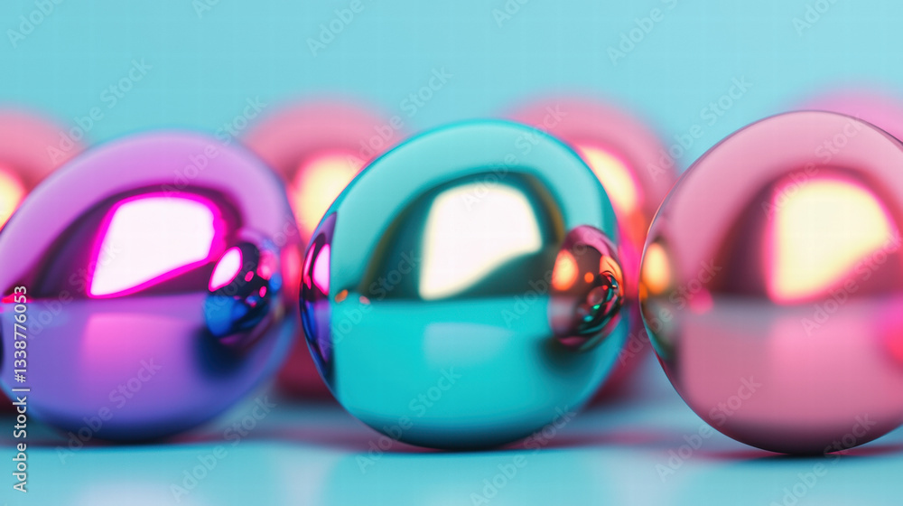 Poster shiny, colorful spheres arranged row, reflecting light and creating vibrant visual effect. backgroun