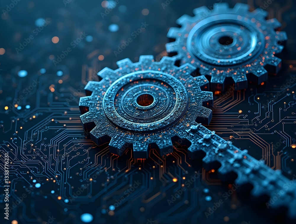 Poster golden gears intricately arranged on a circuit board, symbolizing technology, mechanics