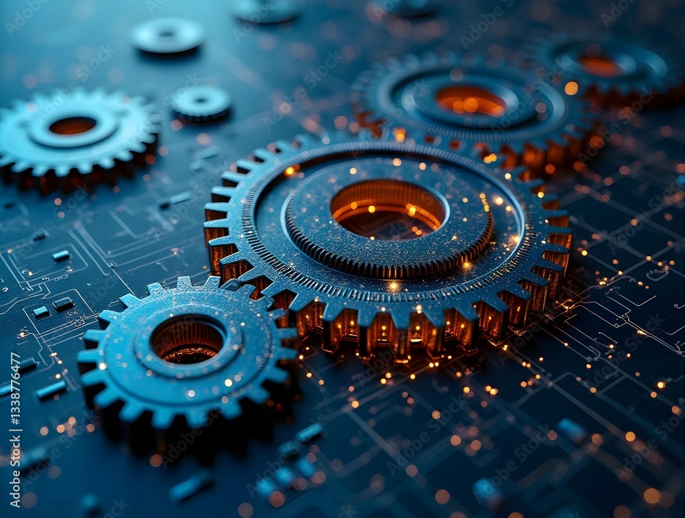 Poster golden gears intricately arranged on a circuit board, symbolizing technology, mechanics