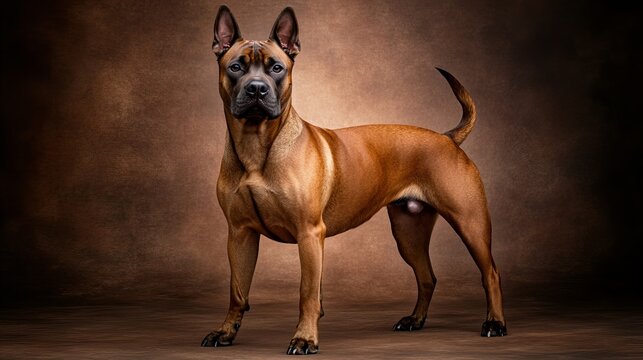 Brown dog stands attentively in studio with neutral backdrop, showcasing muscular build and short dark tail under focused lighting, revealing its athl