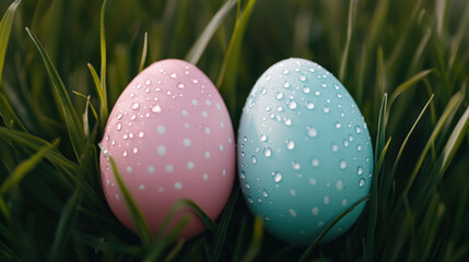Colorful Easter eggs with droplets resting on green grass create vibrant and festive atmosphere