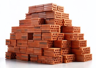 Stacked Red Bricks, Construction Material, Isolated on White Background