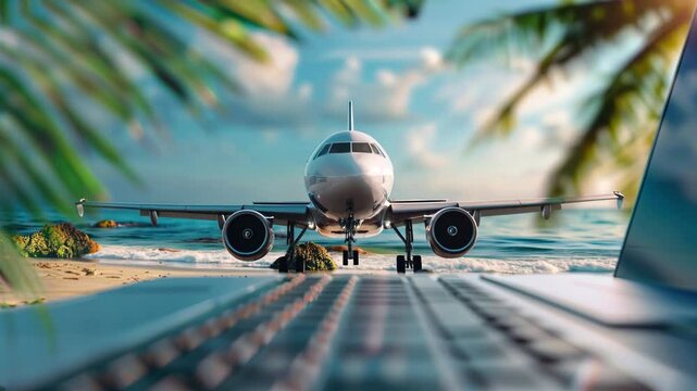 Airplane Flying Over Laptop Keyboard on Tropical Beach &ndash; Concept of Remote Work, Digital Nomad Lifestyle, Travel, and Online Business Opportunities