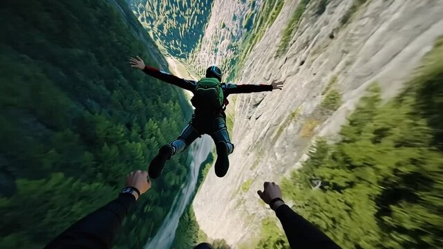 Exhilarating first-person view of wingsuit flying through a stunning mountain landscape