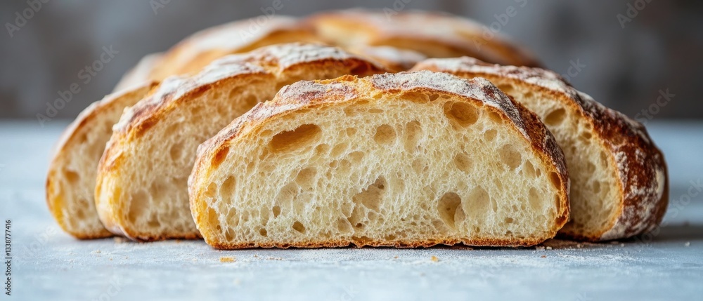 Aufkleber rustic sliced bread displaying airy texture and golden crust on neutral surface in soft natural ligh